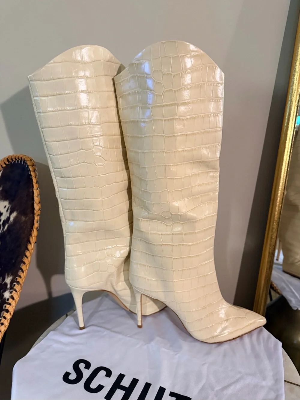 NWT/Box/Dust-bag SCHUTZ Cream Croc-Embossed Over-the-Knee Stiletto Boots